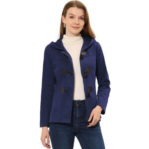 Casual Winter Outwear Hooded Button Toggle Pea Coat Navy Blue